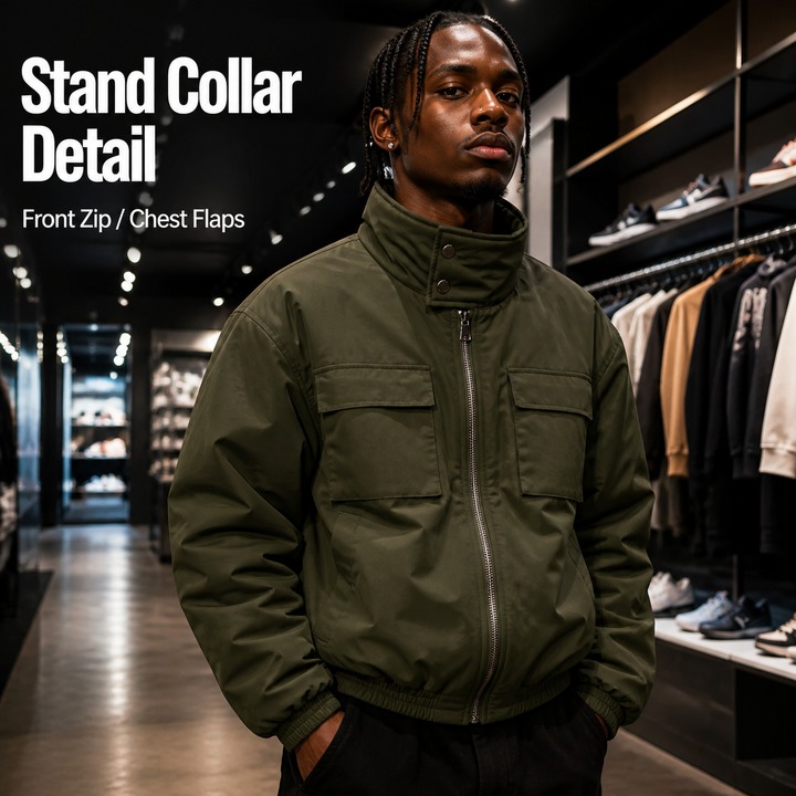 ​​Men's Short Puffer Jacket, Stand-Collar Workwear Coat, Oversized Quilted Lining, Heavyweight Winter Streetwear, Utility-Inspired Outerwear​​_viptrois.com