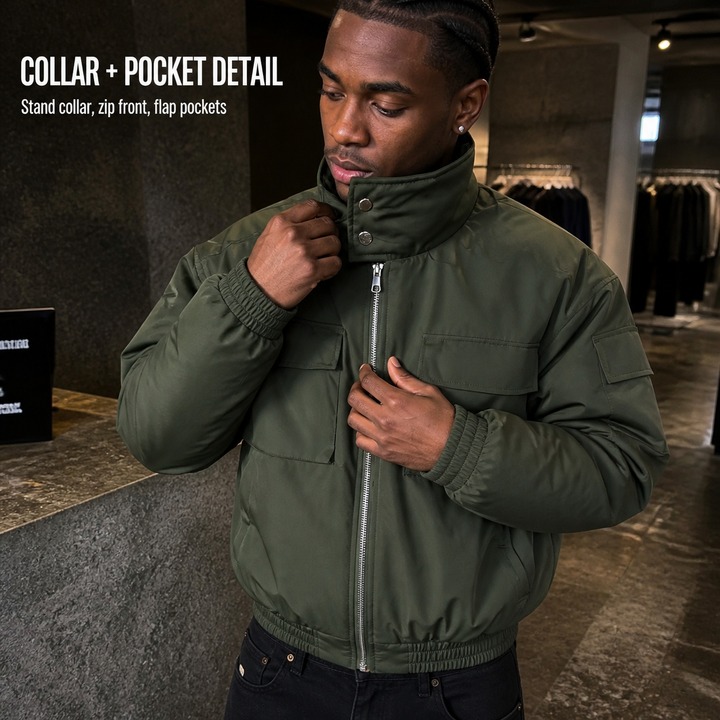 ​​Men's Short Puffer Jacket, Stand-Collar Workwear Coat, Oversized Quilted Lining, Heavyweight Winter Streetwear, Utility-Inspired Outerwear​​_viptrois.com