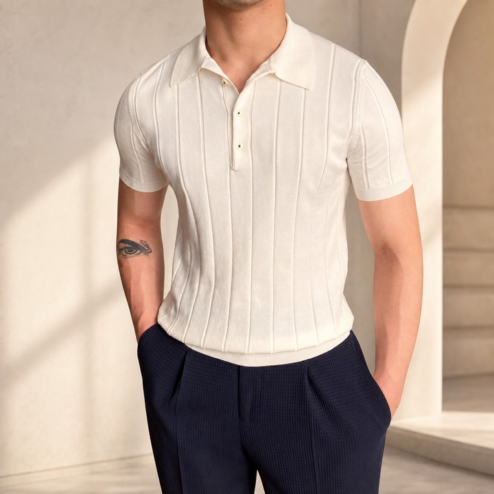 Men's Slim Fit Polo Shirt Summer Light Luxury Striped Lapel Short Sleeved Business Casual Handsome Knitted T-Shirt_viptrois.com