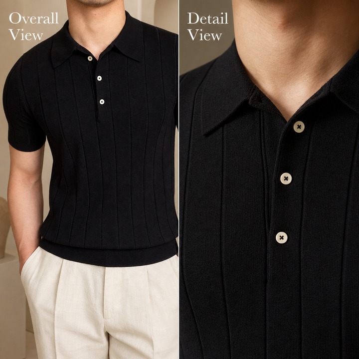 Men's Slim Fit Polo Shirt Summer Light Luxury Striped Lapel Short Sleeved Business Casual Handsome Knitted T-Shirt_viptrois.com