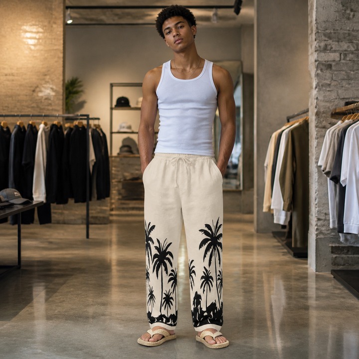 Men's Clothing Men's Loose Straight Leg Linen Trousers Style All Seasons Hawaiian Beach Vacation Casual Printed_viptrois.com