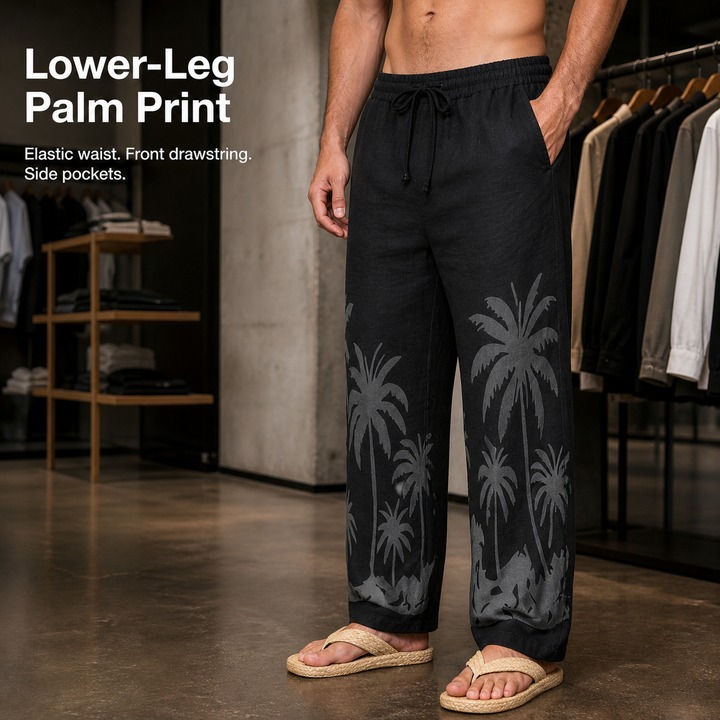 Men's Clothing Men's Loose Straight Leg Linen Trousers Style All Seasons Hawaiian Beach Vacation Casual Printed_viptrois.com