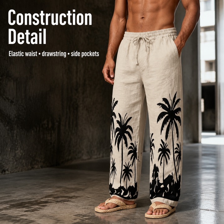 Men's Clothing Men's Loose Straight Leg Linen Trousers Style All Seasons Hawaiian Beach Vacation Casual Printed_viptrois.com