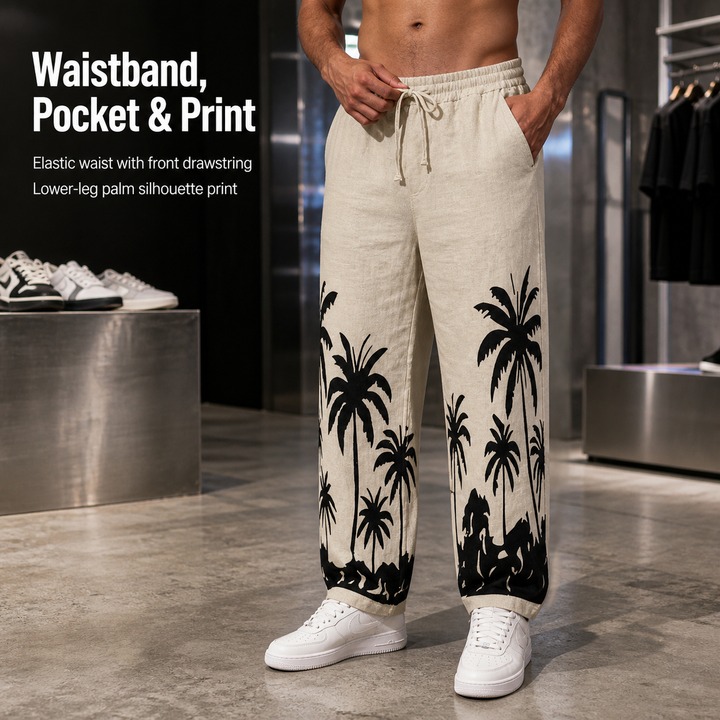 Men's Clothing Men's Loose Straight Leg Linen Trousers Style All Seasons Hawaiian Beach Vacation Casual Printed_viptrois.com