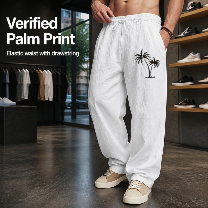 Men's Clothing Men's Linen Trousers Loose Wide Leg Breathable Casual Beach Coconut Tree Print Hot Selling For Formal & Casual_viptrois.com