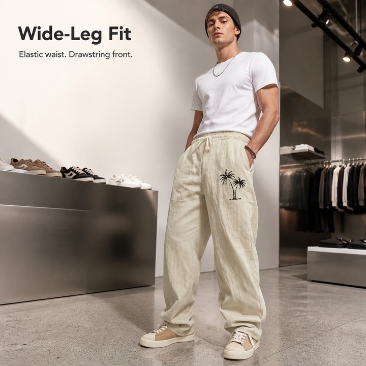 Men's Clothing Men's Linen Trousers Loose Wide Leg Breathable Casual Beach Coconut Tree Print Hot Selling For Formal & Casual_viptrois.com