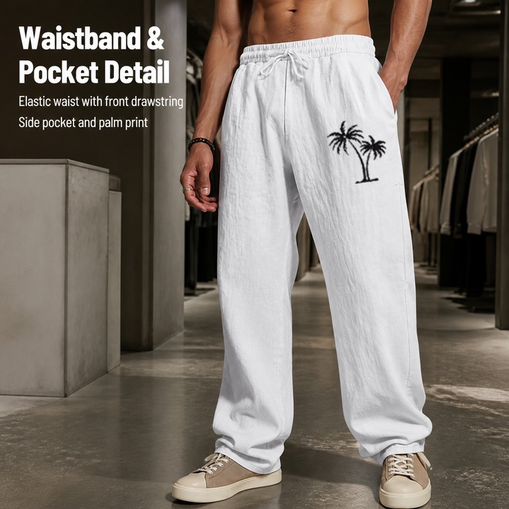 Men's Clothing Men's Linen Trousers Loose Wide Leg Breathable Casual Beach Coconut Tree Print Hot Selling For Formal & Casual_viptrois.com