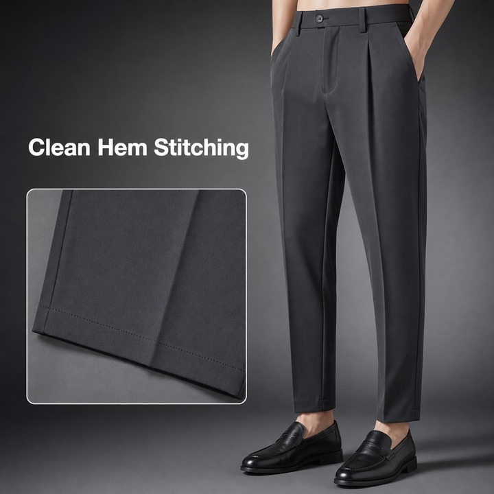 Men's Casual Elastic Suit Pants Thin Spring Autumn Summer Nine Point Trousers Mid Waist Zipper Fly Kpop Style Black Chinos_viptrois.com