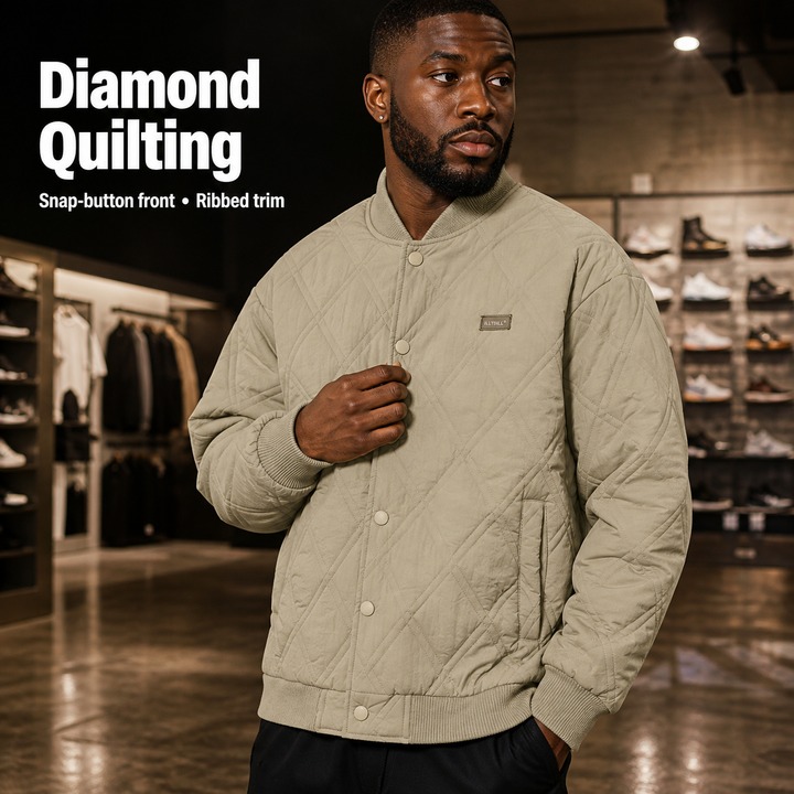 ​​Men's Vintage Diamond Quilted Puffer Jacket – Embroidered Logo, Thickened Warmth, Unisex Streetwear Coat​​_viptrois.com