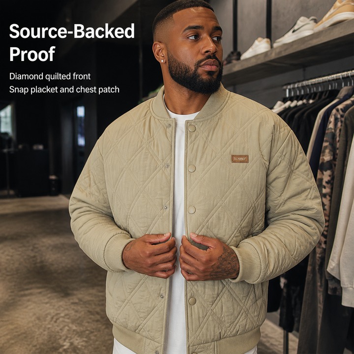 ​​Men's Vintage Diamond Quilted Puffer Jacket – Embroidered Logo, Thickened Warmth, Unisex Streetwear Coat​​_viptrois.com