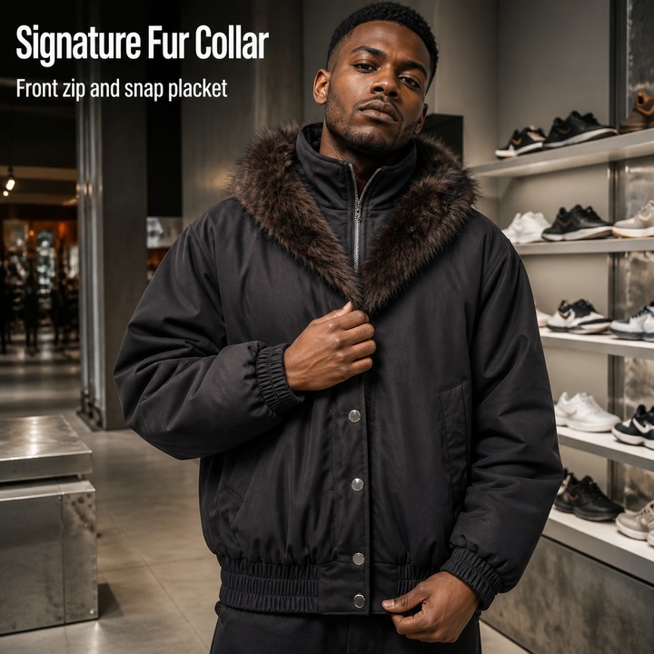 Men's Winter Sherpa-Lined Stand Collar Bomber Jacket, Faux Two-Layer Design With Thickened Insulation, Short-Length Style Puffer Coat​​_viptrois.com