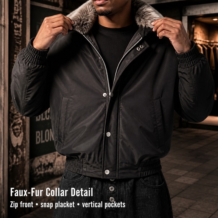 Men's Winter Sherpa-Lined Stand Collar Bomber Jacket, Faux Two-Layer Design With Thickened Insulation, Short-Length Style Puffer Coat​​_viptrois.com