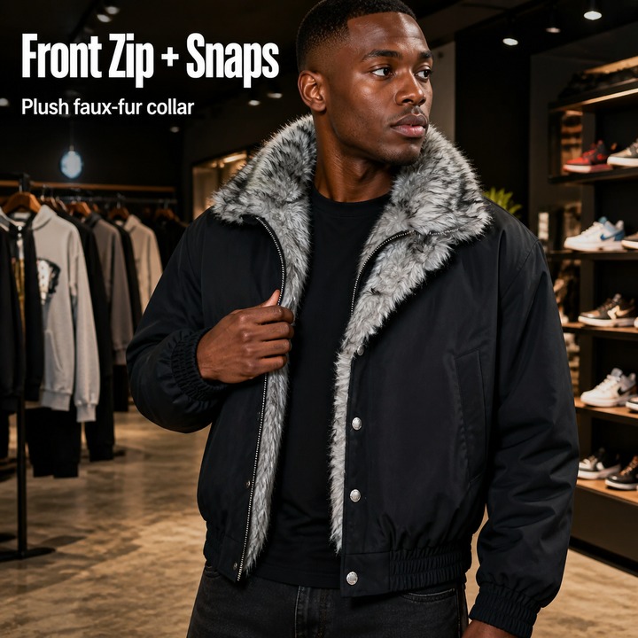 Men's Winter Sherpa-Lined Stand Collar Bomber Jacket, Faux Two-Layer Design With Thickened Insulation, Short-Length Style Puffer Coat​​_viptrois.com