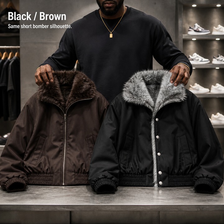 Men's Winter Sherpa-Lined Stand Collar Bomber Jacket, Faux Two-Layer Design With Thickened Insulation, Short-Length Style Puffer Coat​​_viptrois.com