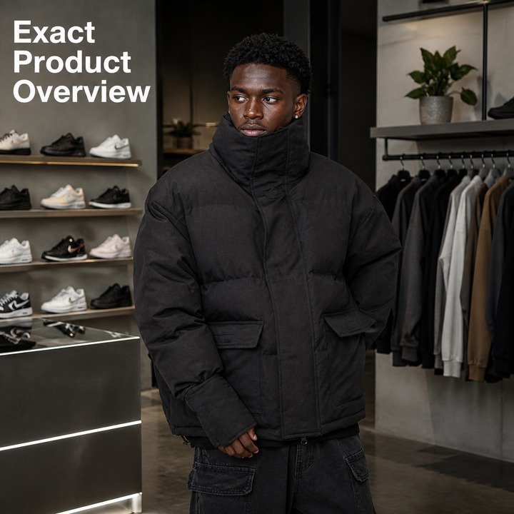 ​​Distressed Cotton Puffer Jacket – Men's Post-Apocalyptic Streetwear, Vintage Washed Slim Fit Oversized Coat With Raw Hem Detailing​​_viptrois.com