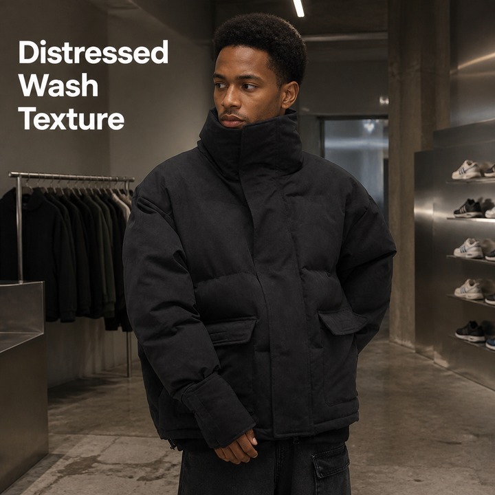 ​​Distressed Cotton Puffer Jacket – Men's Post-Apocalyptic Streetwear, Vintage Washed Slim Fit Oversized Coat With Raw Hem Detailing​​_viptrois.com