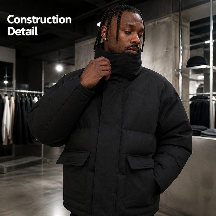 ​​Distressed Cotton Puffer Jacket – Men's Post-Apocalyptic Streetwear, Vintage Washed Slim Fit Oversized Coat With Raw Hem Detailing​​_viptrois.com