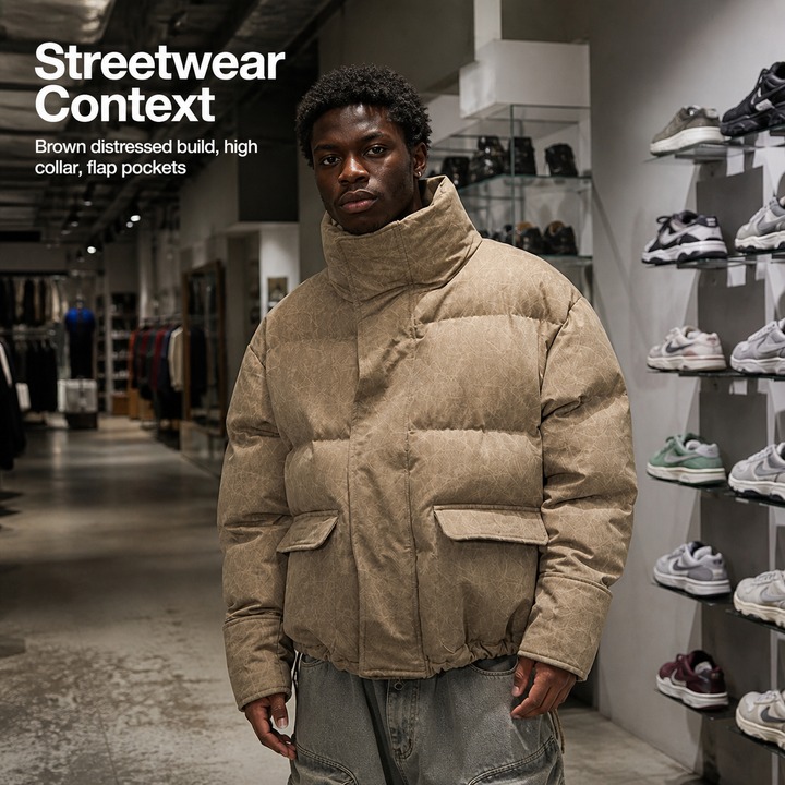 ​​Distressed Cotton Puffer Jacket – Men's Post-Apocalyptic Streetwear, Vintage Washed Slim Fit Oversized Coat With Raw Hem Detailing​​_viptrois.com