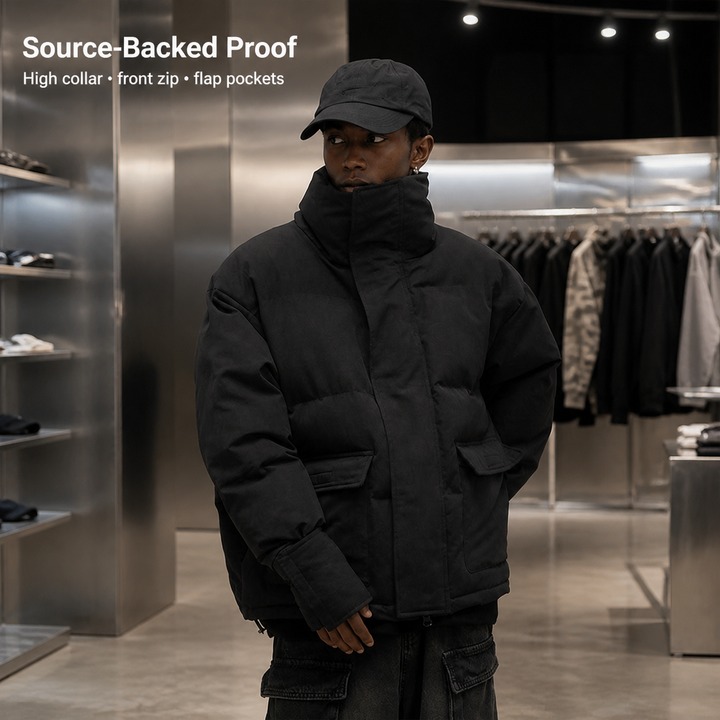 ​​Distressed Cotton Puffer Jacket – Men's Post-Apocalyptic Streetwear, Vintage Washed Slim Fit Oversized Coat With Raw Hem Detailing​​_viptrois.com