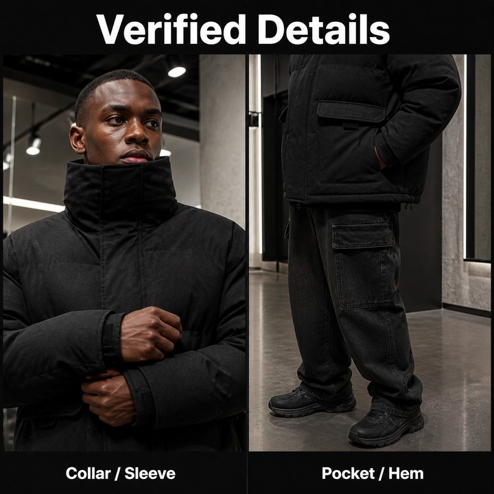 ​​Distressed Cotton Puffer Jacket – Men's Post-Apocalyptic Streetwear, Vintage Washed Slim Fit Oversized Coat With Raw Hem Detailing​​_viptrois.com