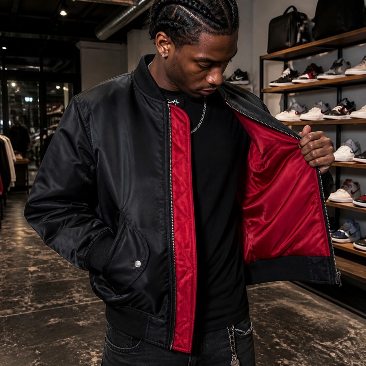 Men's Vintage-Inspired Bomber Jacket With Contrast Lining, Detroit Streetwear Style Thickened Cotton Flight Jacket For Urban Motorcycle Aesthetic​​_viptrois.com