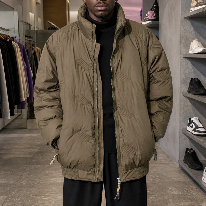 ​​Men's Vintage Bomber Jacket With Stand-Up Collar, Unisex Quilted Puffer Coat, Winter Cotton-Padded Casual Outerwear For Street Style​​_viptrois.com