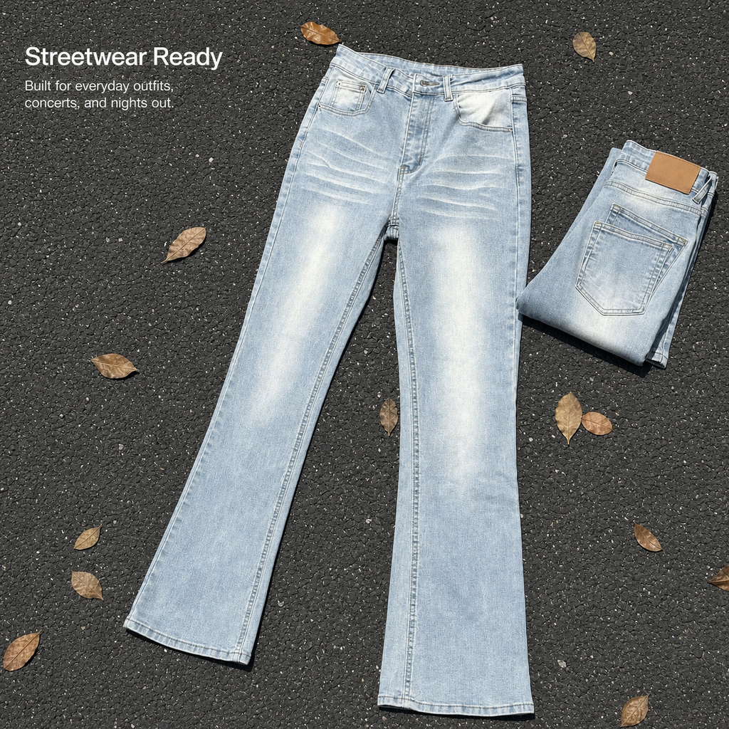 Men's Distressed Flared Jeans With Vintage Lightning Wash Effect_voghion.com