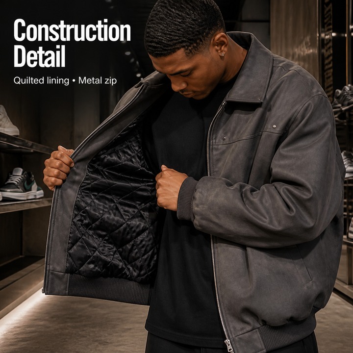 ​​Men's Slim-Fit Leather Jacket With Quilted Lining, Vintage Biker Style Zip-Up Coat, Winter Faux Leather Bomber Jacket For Streetwear​​_viptrois.com