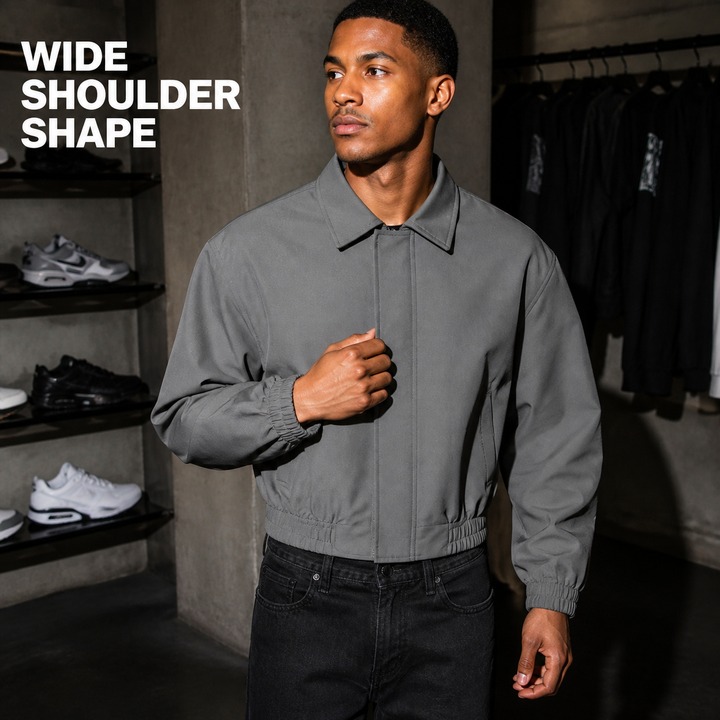 Minimalist Cropped Bomber Jacket – Men’s Padded Shoulder Zip-Up Coat, Solid Color Pilot-Inspired Streetwear_viptrois.com