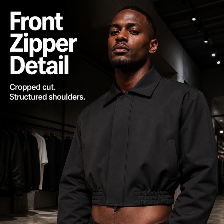 Minimalist Cropped Bomber Jacket – Men’s Padded Shoulder Zip-Up Coat, Solid Color Pilot-Inspired Streetwear_viptrois.com