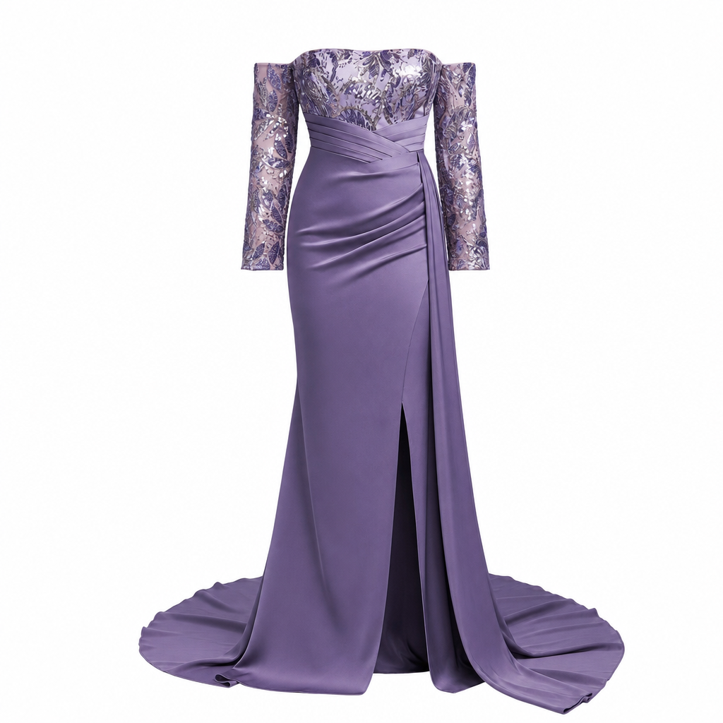 New Purple Slit Ball Gown For Women Sexy Long Evening Dress High-End Luxury Party Wear_ecoleips.com