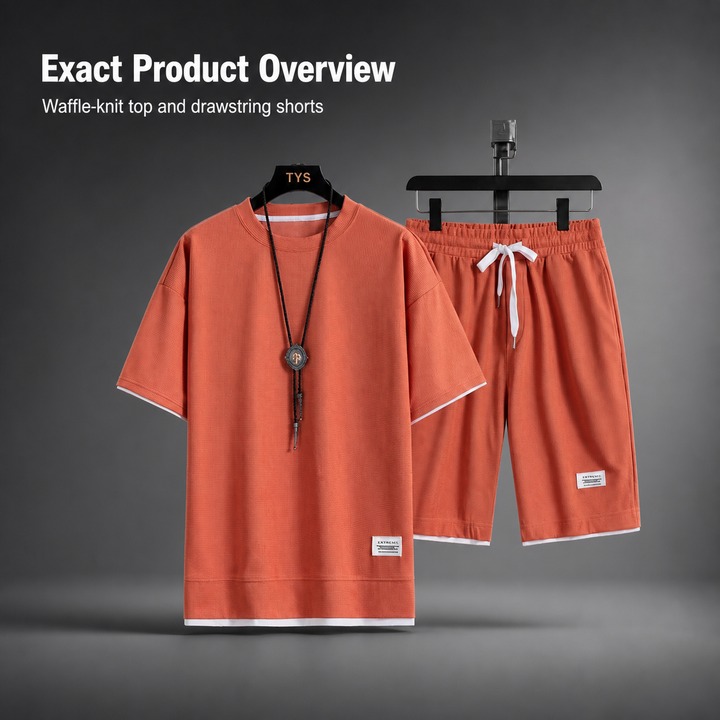 Men's Clothing Trendy Summer Fashion Waffle T-Shirt Loose Plus Size Thin Short Sleeved Tracksuit Style_viptrois.com