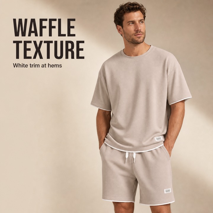 Men's Clothing Trendy Summer Fashion Waffle T-Shirt Loose Plus Size Thin Short Sleeved Tracksuit Style_viptrois.com