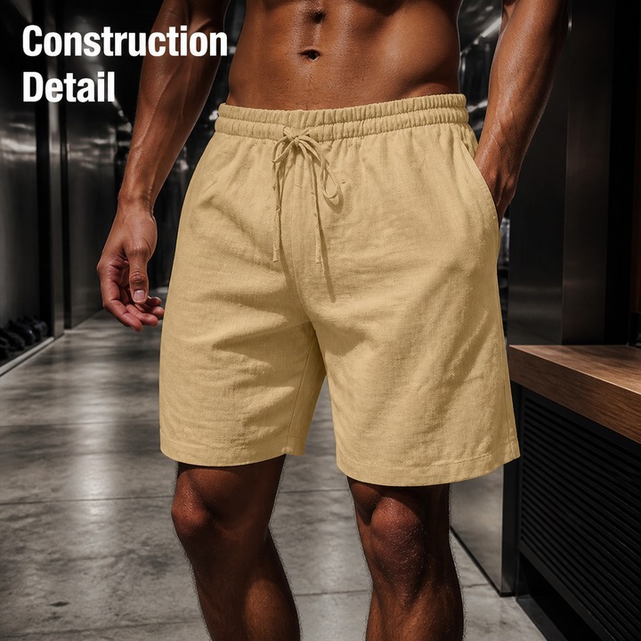 Men's Cotton Linen Shorts With Drawstring Elastic Waist Straight Leg Solid Color Breathable Casual Beach Five Point Shorts_viptrois.com