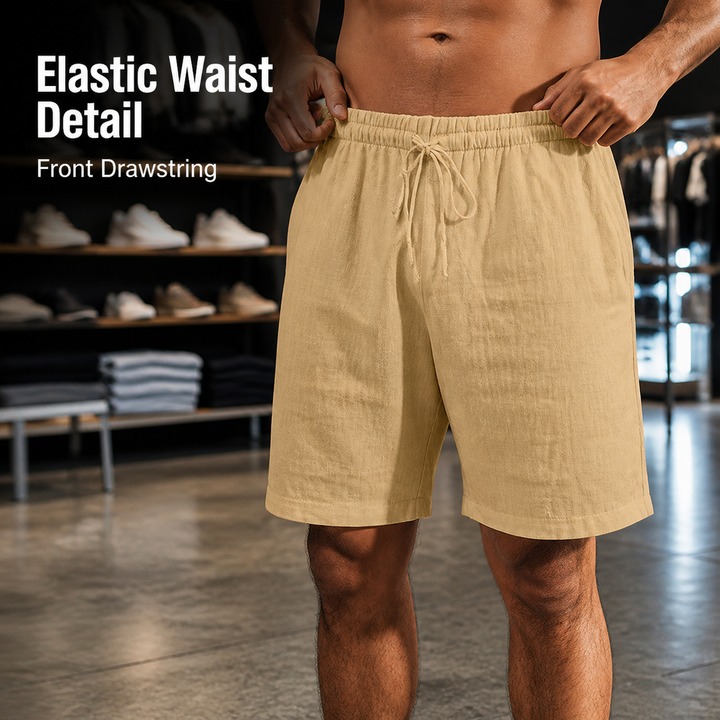 Men's Cotton Linen Shorts With Drawstring Elastic Waist Straight Leg Solid Color Breathable Casual Beach Five Point Shorts_viptrois.com