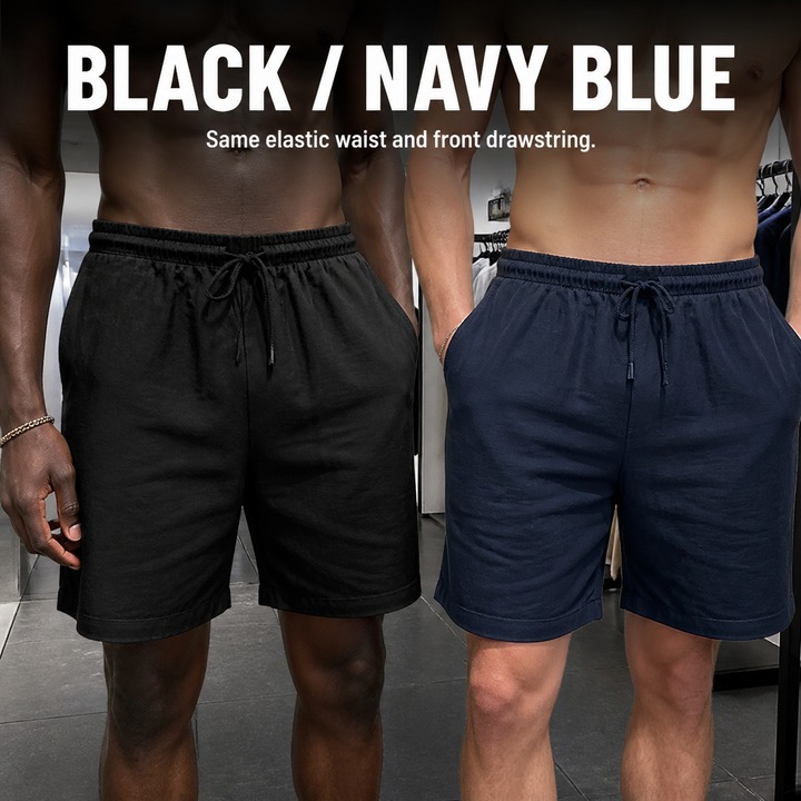 Men's Cotton Linen Shorts With Drawstring Elastic Waist Straight Leg Solid Color Breathable Casual Beach Five Point Shorts_viptrois.com