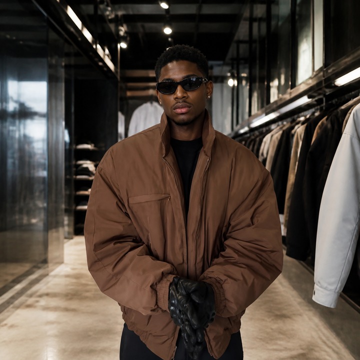 ​​Men's Brown Bomber Jacket – Maillard-Effect Puffer Coat, Streetwear, Oversized Aviator Style, Winter Essential​​_viptrois.com