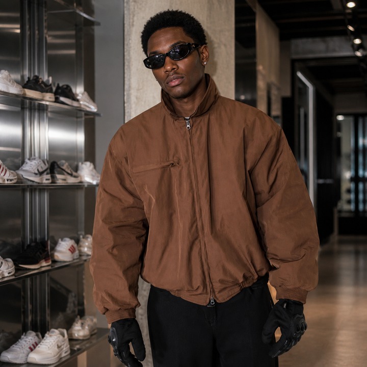 ​​Men's Brown Bomber Jacket – Maillard-Effect Puffer Coat, Streetwear, Oversized Aviator Style, Winter Essential​​_viptrois.com