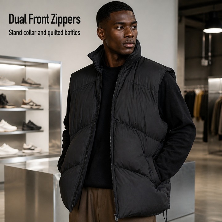 Men's Winter Padded Vest With Dual Zippers, Korean Streetwear Style Quilted Sleeveless Jacket, Thickened Stand Collar Casual Waistcoat For Layering​_viptrois.com