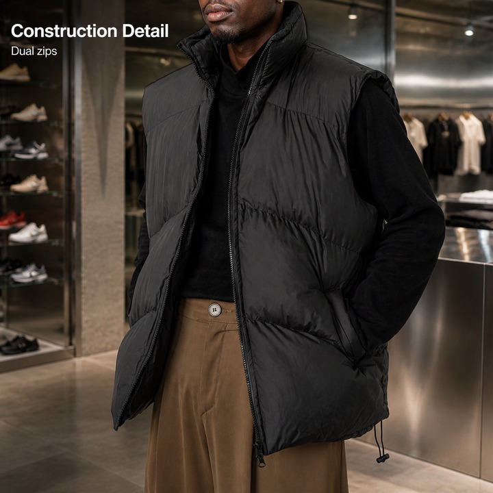 Men's Winter Padded Vest With Dual Zippers, Korean Streetwear Style Quilted Sleeveless Jacket, Thickened Stand Collar Casual Waistcoat For Layering​_viptrois.com