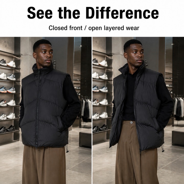 Men's Winter Padded Vest With Dual Zippers, Korean Streetwear Style Quilted Sleeveless Jacket, Thickened Stand Collar Casual Waistcoat For Layering​_viptrois.com