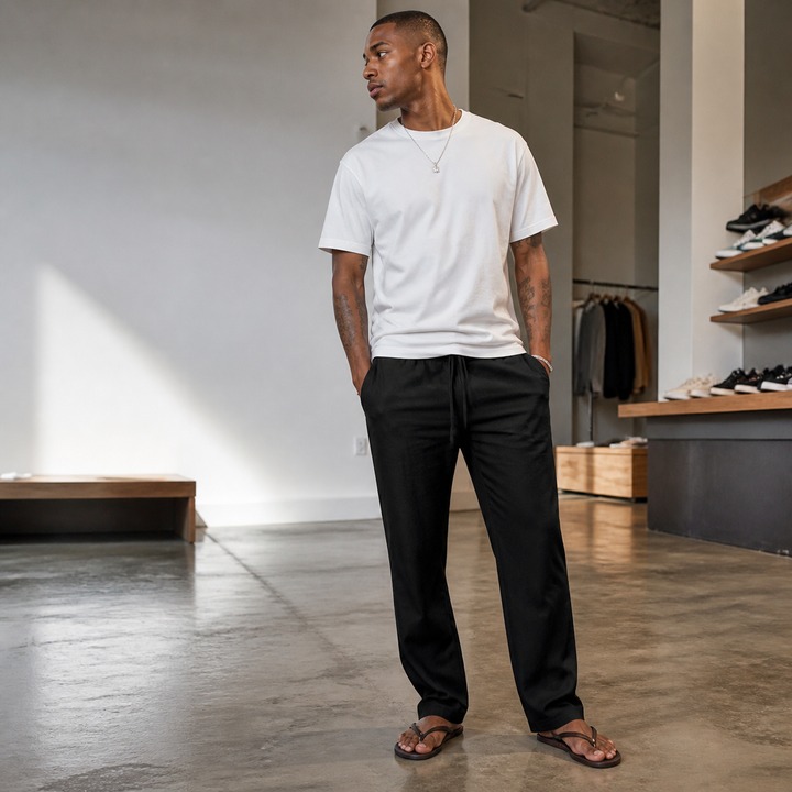 Summer Linen Men's Casual Pants Style Simple Stylish Solid Color Drawstring Straight Leg_viptrois.com