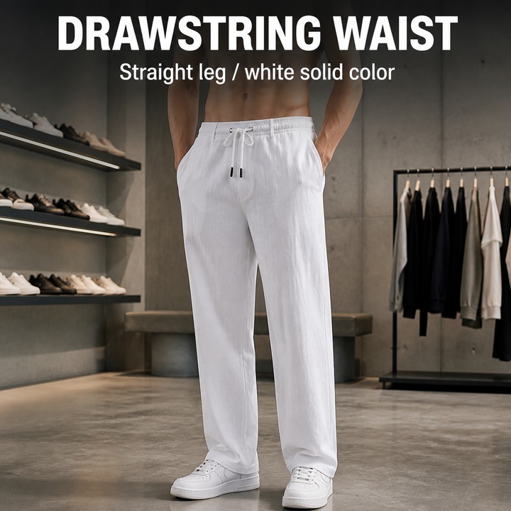 Summer Linen Men's Casual Pants Style Simple Stylish Solid Color Drawstring Straight Leg_viptrois.com