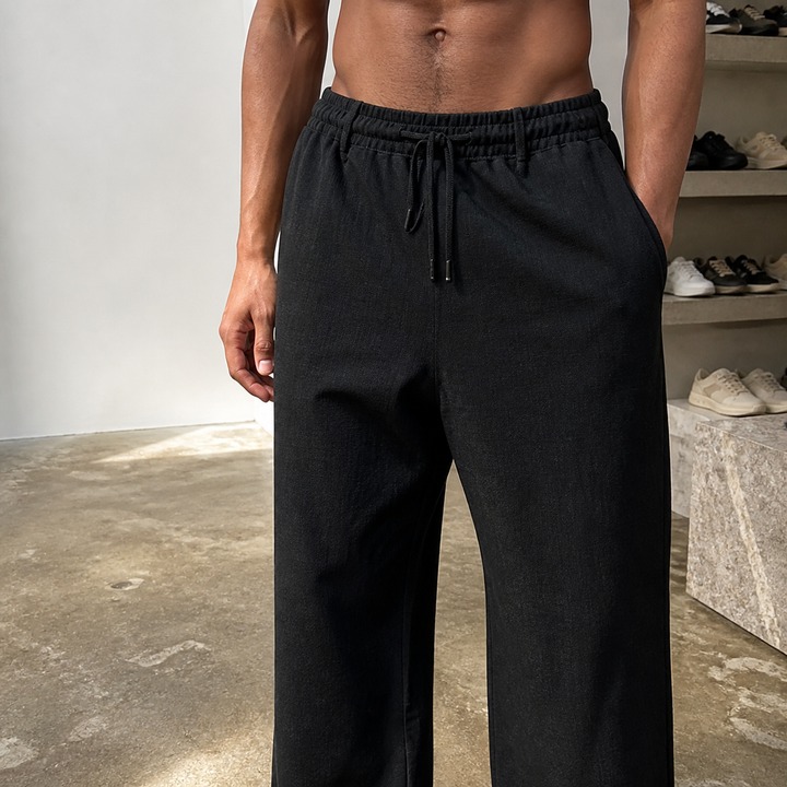 Summer Linen Men's Casual Pants Style Simple Stylish Solid Color Drawstring Straight Leg_viptrois.com