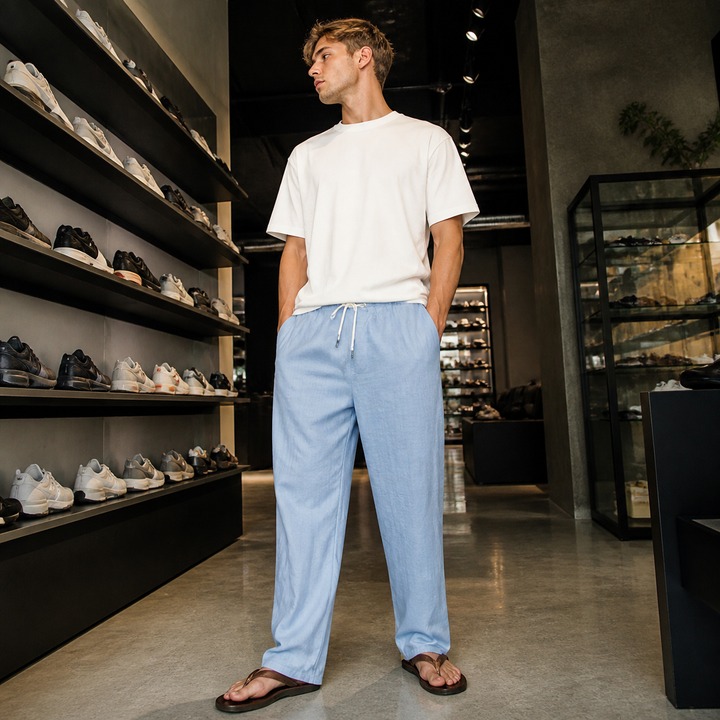 Summer Linen Men's Casual Pants Style Simple Stylish Solid Color Drawstring Straight Leg_viptrois.com