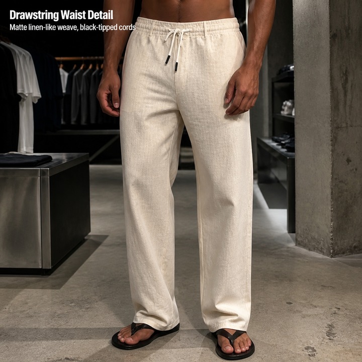 Summer Linen Men's Casual Pants Style Simple Stylish Solid Color Drawstring Straight Leg_viptrois.com