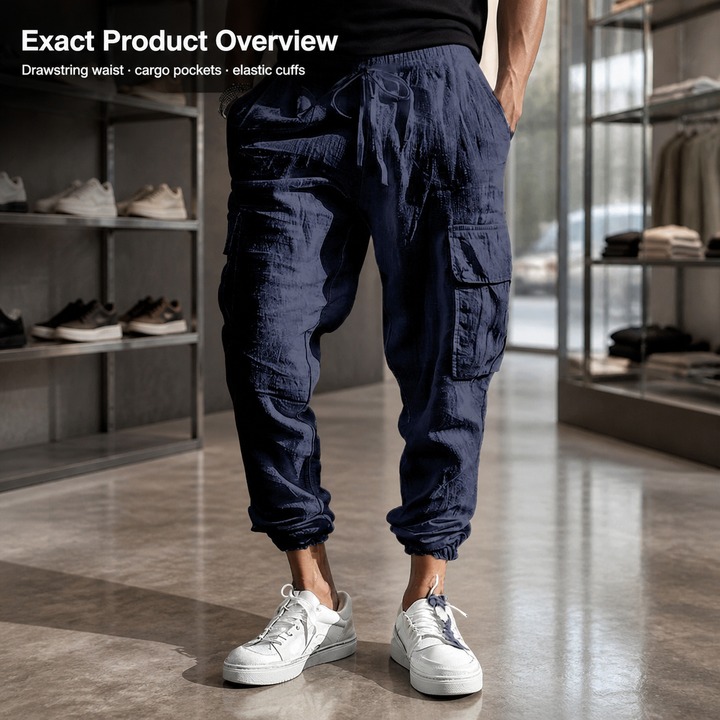 Workwear Casual Men's Trousers Large Size With Drawstring Multi Pocket Wide Tube Thin Cotton And Linen Summer Pants_viptrois.com