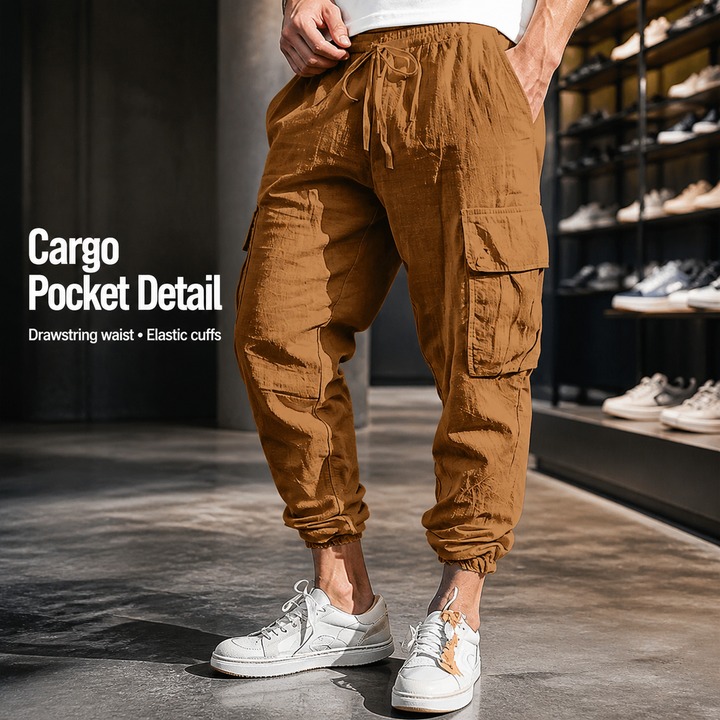 Workwear Casual Men's Trousers Large Size With Drawstring Multi Pocket Wide Tube Thin Cotton And Linen Summer Pants_viptrois.com