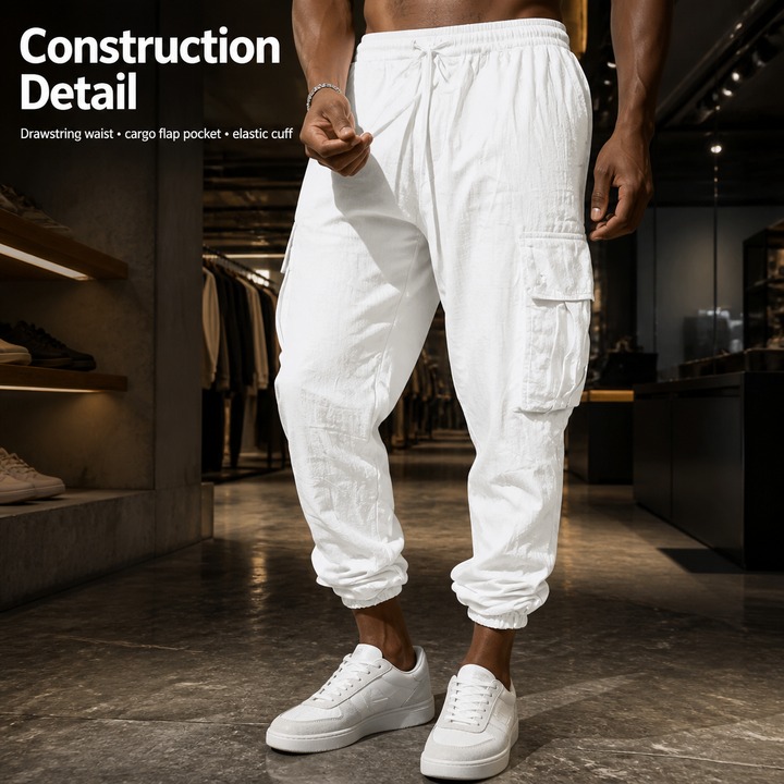 Workwear Casual Men's Trousers Large Size With Drawstring Multi Pocket Wide Tube Thin Cotton And Linen Summer Pants_viptrois.com