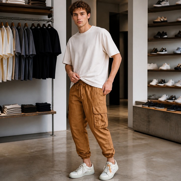 Workwear Casual Men's Trousers Large Size With Drawstring Multi Pocket Wide Tube Thin Cotton And Linen Summer Pants_viptrois.com